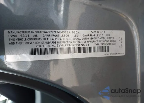 2011 Volkswagen Jetta 2.5L Sel from USA, damaged, VIN 3VWLZ7AJXBM372381